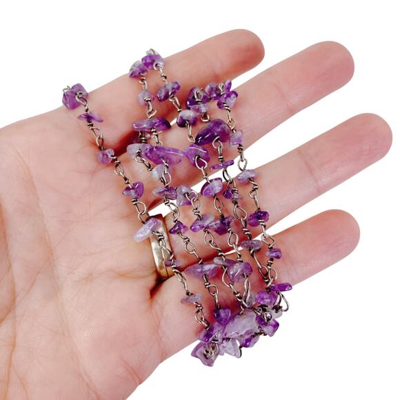 Amethyst Chip Bead Necklace Wire Linked Long Layering Lightweight Stone Jewelry - Picture 5 of 8